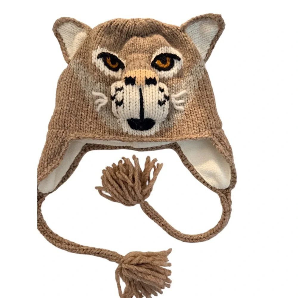 Vive Bien Hand Knit Wild Cat Trapper Hat RETIRED 100% Wool Fleece Lined Ecuador